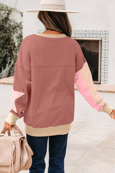 Women's Rose Pink Contrast Star Patchwork Pullover Sweatshirt