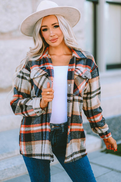 Women's Stylish Khaki Geometric Plaid Shacket with Pockets - Perfect Layering Piece for Fall & Winter Fashion