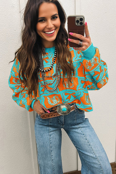 Cozy Boho-Chic Women's Western Print Sweater in Autumn Hues - Ideal for Casual Outings and Stylish Layering