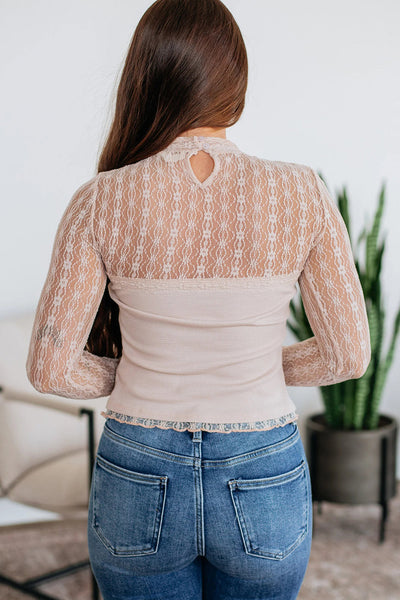 Women's Jet Stream Textured Knit Long Sleeve Top with Lace Patchwork - Sheer, Stylish, and Chic for Any Occasion