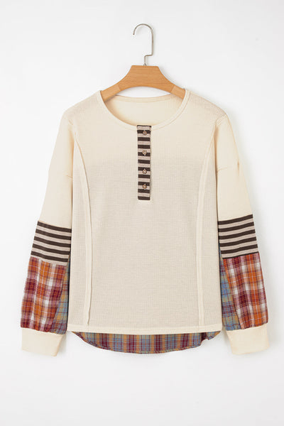 Women's Soft Beige Waffle Knit Long Sleeve Top - Cozy Casual Style for Everyday Comfort and Effortless Chic