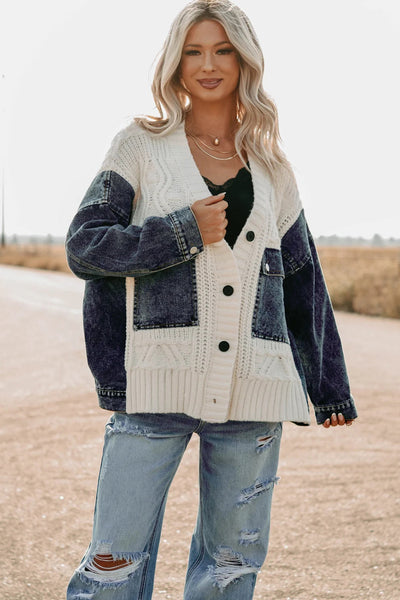 Cozy Oversized Beige Women's Chunky Knit Cardigan with Denim Patchwork for Chic Fall Fashion