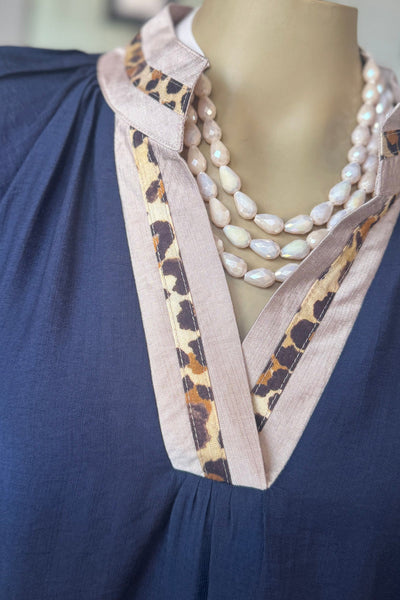 Plus Size Women's Navy Blue Leopard Print Blouse with Flounce Sleeves and Elegant Collar for Trendy Style