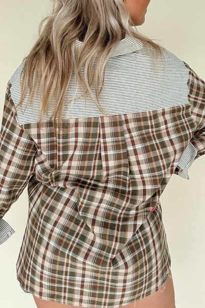 Women's Mixed Media Plaid and Stripe Button-Up Blouse with practical styling and dependable silhouette control.