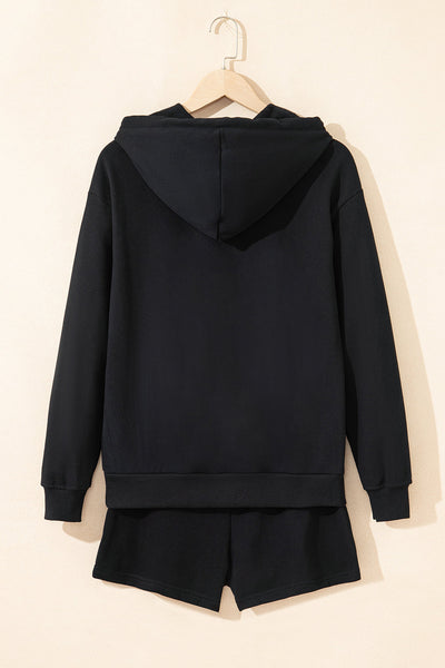 Women's Black Hoodie and Shorts Set - Cozy Casual Outfit with Adjustable Fit for Everyday Comfort and Style
