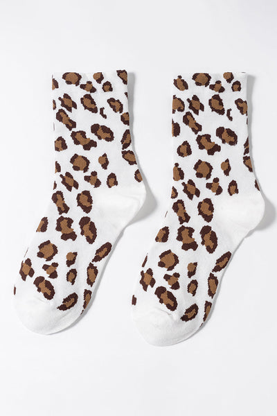 Women's Classic White Leopard Print Crew Socks in Soft Cotton-Blend