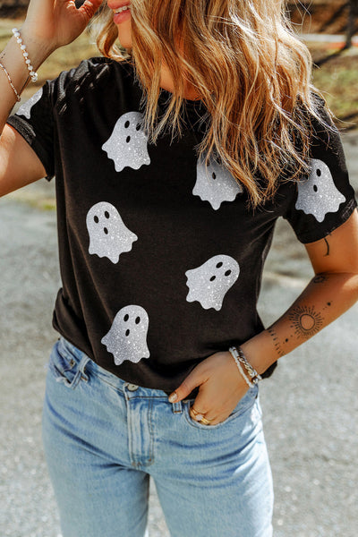Women's Black Glitter Ghost Pattern Crew Neck Halloween T-Shirt - Fun & Festive Casual Wear for Spooky Season