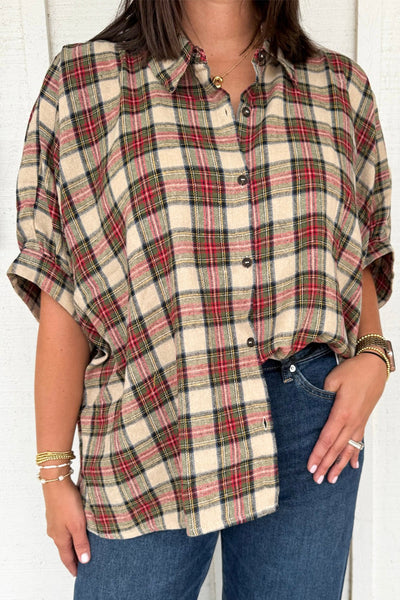 Women's Loose-Fit Half Sleeve Plaid Shirt in Parchment - Effortlessly Stylish Retro Top for Casual Outfits