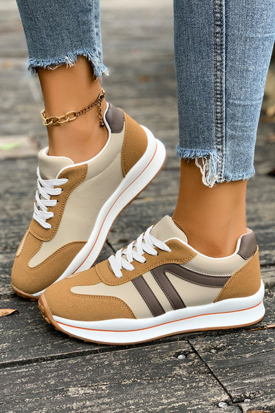 Women's Camel and Coffee Color Block Lace-Up Sneakers