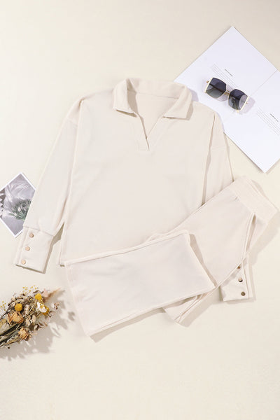 Women's Beige Ribbed Knit Two-Piece Polo Set and Wide-Leg Pants with practical styling and dependable silhouette control.