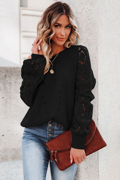 Trendy Women's Black Knit Sweater with Hollow-Out Design & Puffy Sleeves Must-Have for Fall Fashion