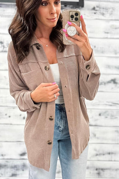 Women's Smoke Gray Twisted Ribbed Shacket with Button Down Front & Chest Pocket - Chic Casual Layering Essential