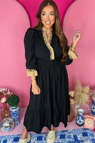 Elegant Women's Black Flowy Midi Dress with V-Neck, 3/4 Ruffled Sleeves, and Frilled Trim for Effortless Chic Style