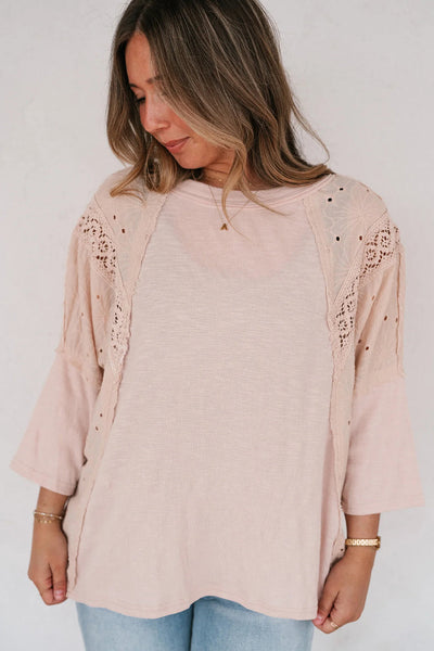 Apricot Pink Floral Lace T-Shirt for Women with Eyelet Patchwork and Bracelet Sleeves Stylish and Comfortable Top