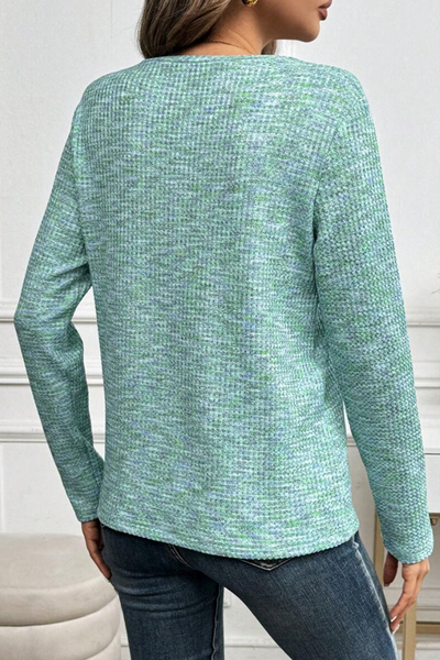 Women's Stylish Moonlight Jade Long Sleeve V-Neck Knit Top with Button Details - Comfortable Everyday Fit