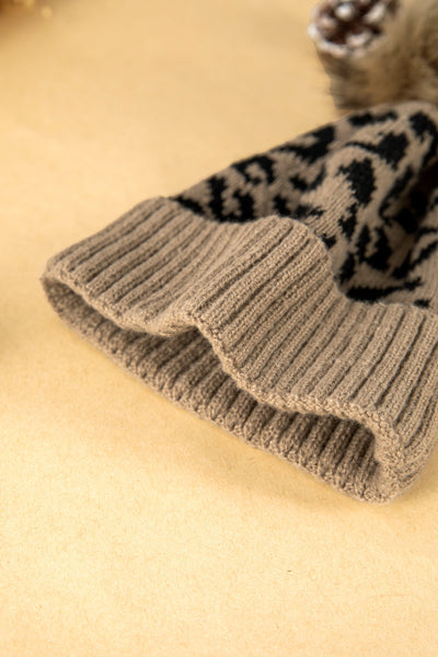 Women's Light Beige Leopard Knit Beanie with Faux Fur Pom