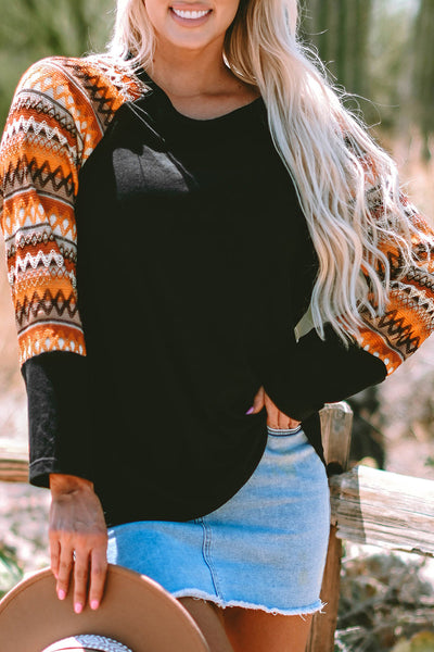 Women's Orange Geo Print Long Sleeve Raglan Tee with Patchwork Design Casual and Comfortable Fit