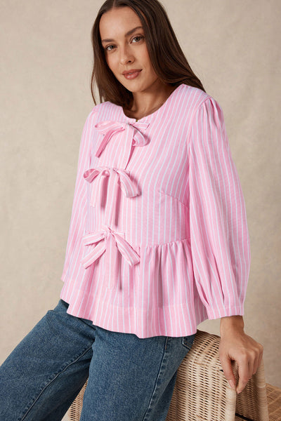 Trendy Women's Pink Striped Puff Sleeve Blouse with Bowknot Detail - Chic Crew Neck Top for Stylish Casual Looks