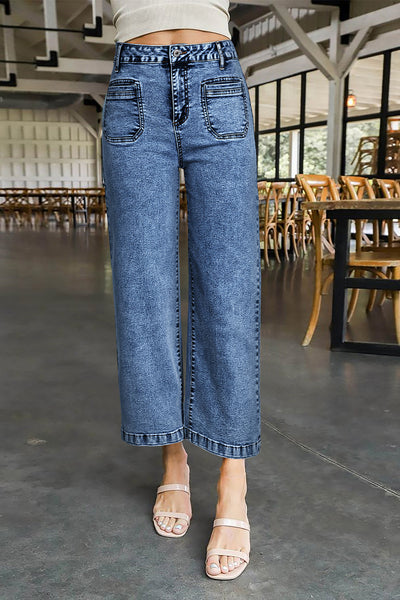Women's Sky Blue High-Rise Patch Pocket Straight Leg Jeans