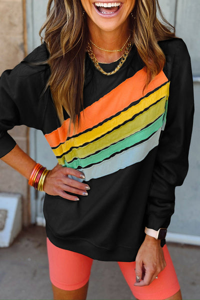 Womens Cozy Black Rainbow Colorblock Striped Pullover Sweatshirt - Casual Everyday Style for Comfort and Fashion