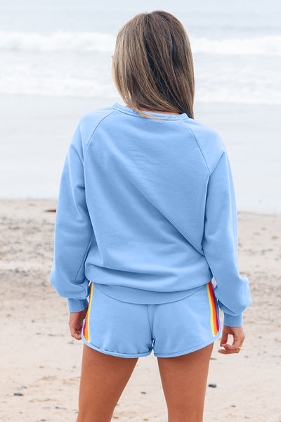 Chic Beau Blue Casual Two-Piece Set for Women - Trendy Pullover and Stylish Shorts with Fashionable Accents