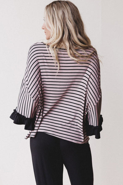 Stylish Black Striped 2-Piece Women's Set: Relaxed Drop Shoulder Top with Ruffled Sleeves & Comfy Drawstring Pants