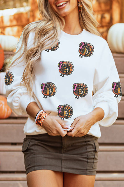 Women's Embellished Sequin Turkey Sweatshirt in White Cotton-Poly