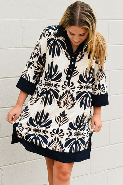 Women's Black Floral Print Mini Dress with Color Block Trim, 3/4 Sleeves - Ideal for Casual Outings or Vacation Getaways