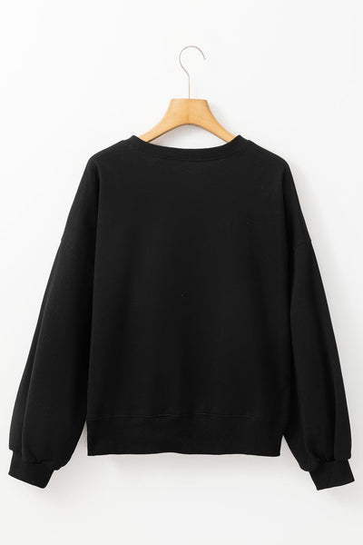 Women's Black Game Day Graphic Varsity Sweatshirt - Cozy Fit for Sports Fans, Perfect for Casual Outings and Tailgating