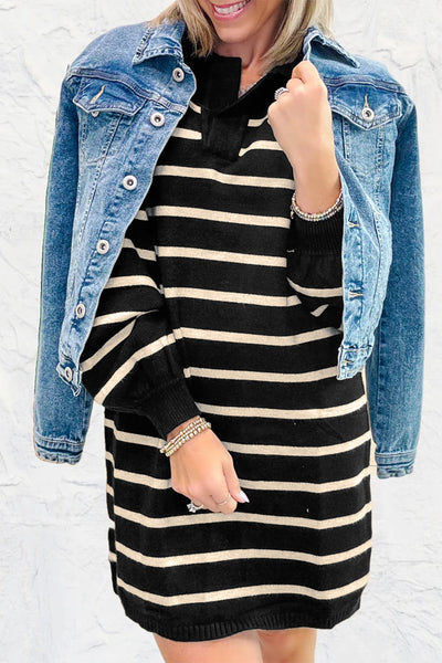 Elegant Women's Black Striped Polo Mini Dress with Puff Sleeves for Stylish Comfort and Versatile Everyday Wear