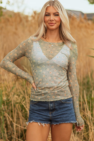Women's Lightweight Floral Mesh Long Sleeve Top - Chic Spring/Summer Style for Effortless Casual Outfits