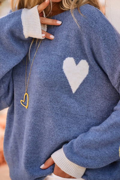 Women's Cozy Ashleigh Blue Heart Print Sweater with Contrast Cuffs - Casual Chic Baggy Fit for Everyday Style