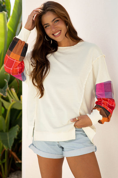 Trendy Multi-Color Women's Casual Fit Patchwork Top with Exposed Seams for Effortless Everyday Style