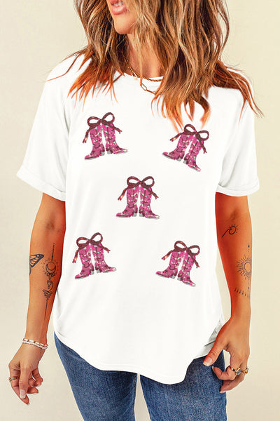 Women's Sequin Western Boot Graphic Tee in Cream