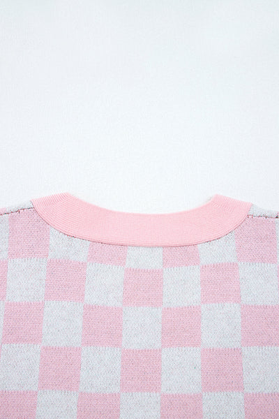 Cozy Women's Pink Checkered V-Neck Cardigan Sweater for Festive Holiday Outfits and Christmas Cheer