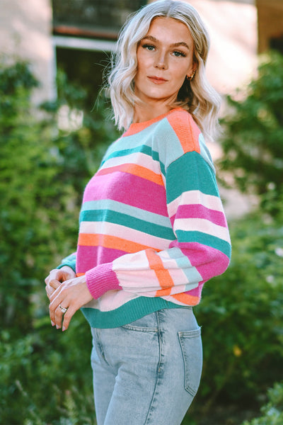 Cozy Women's Multicolor Striped Knit Sweater with Drop Shoulders and Puff Sleeves - Chic Casual Style for All Seasons