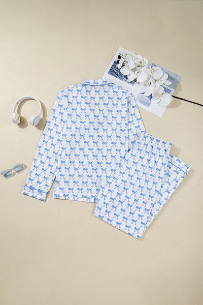 Soft Sky Blue Bow Print Long Sleeve Pajama Set for Women - Cozy Sleepwear Top and Bottom for Ultimate Comfort