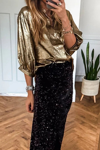 Women's Gold Metallic Split Neck Blouse with Half Sleeves