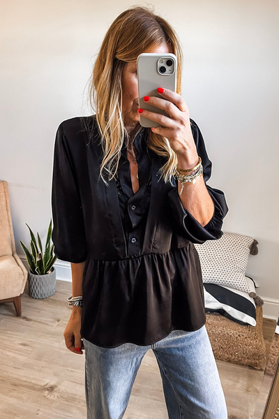 Women's Black Satin Peplum Blouse with Lace Insert Neckline and 3/4 Sleeves Elegant Casual Top for Any Occasion