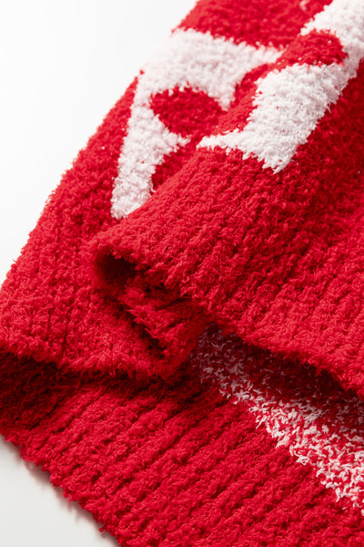 Women's Red Heart and Floral V-Neck Checkerboard Knit Sweater