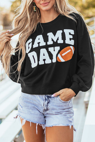 Women's Black Game Day Graphic Varsity Sweatshirt - Cozy Fit for Sports Fans, Perfect for Casual Outings and Tailgating