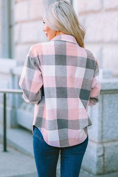 Women's Versatile Pink and Gray Plaid Color Block Long Sleeve Jacket with Pockets - Stylish Outerwear for Every Occasion