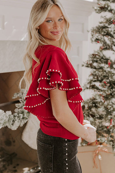 Chic Women's Racing Red Sweater with Pearl Embellishments and Double Ruffle Short Sleeves - Trendy Fit for Stylish Looks