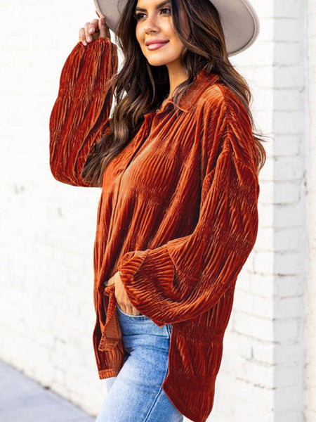 Women's Velvet Orange Lantern Sleeve Button Up Shirt