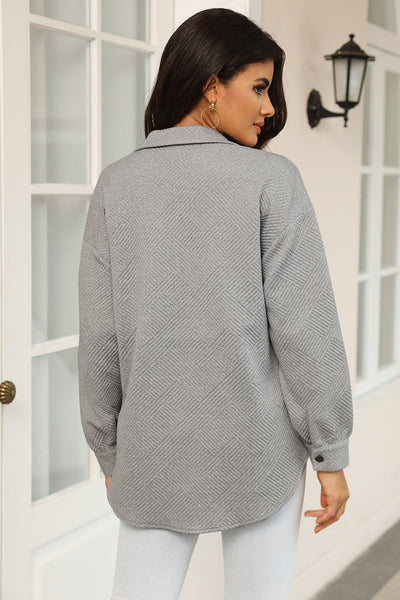 Women's Gray Textured Shacket with Flap Pockets - Stylish Button-Up Layering Jacket for Casual Outings and Everyday Wear