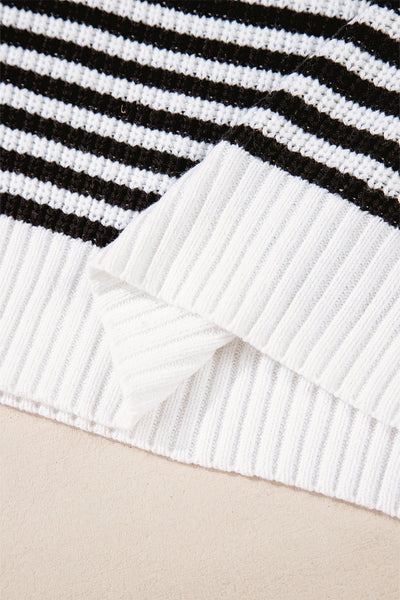 Chic Women's Black Stripe Zip-Up Sweater with Drop Shoulders - Cozy Casual Layering for Every Occasion