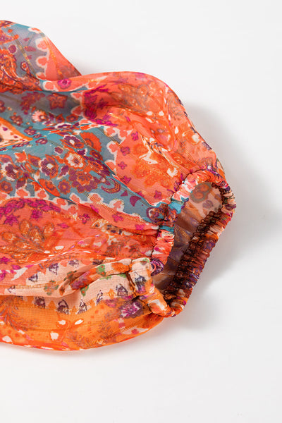 Women's Orange Boho Paisley Print Mini Dress with Long Sleeves, Pleated Design, and Belted Waist for Effortless Style