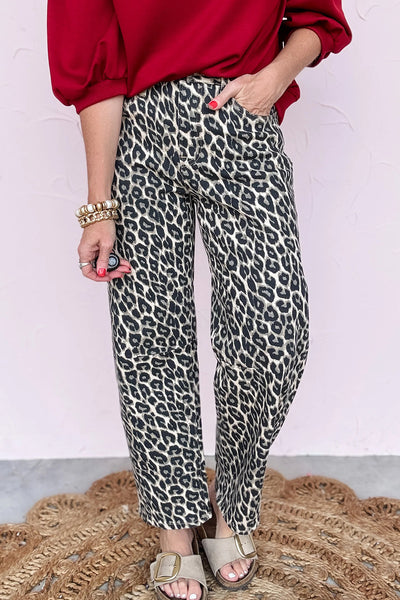 High-Waisted Black Leopard Print Barrel Jeans for Women - Chic Casual Style with Trendy Comfort and Flair