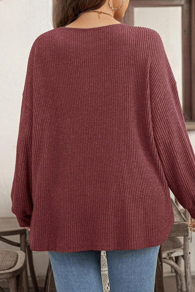 Plus Size Women's Vibrant Wild Ginger Ribbed Long Sleeve Top with Buttons - Casual Loose Fit for Effortless Style