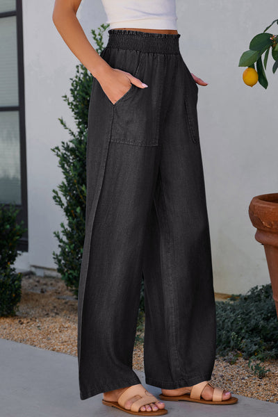 Trendy High Waist Wide Leg Jeans for Women in Classic Black with Frills and Pockets - Stylish and Comfortable Fit